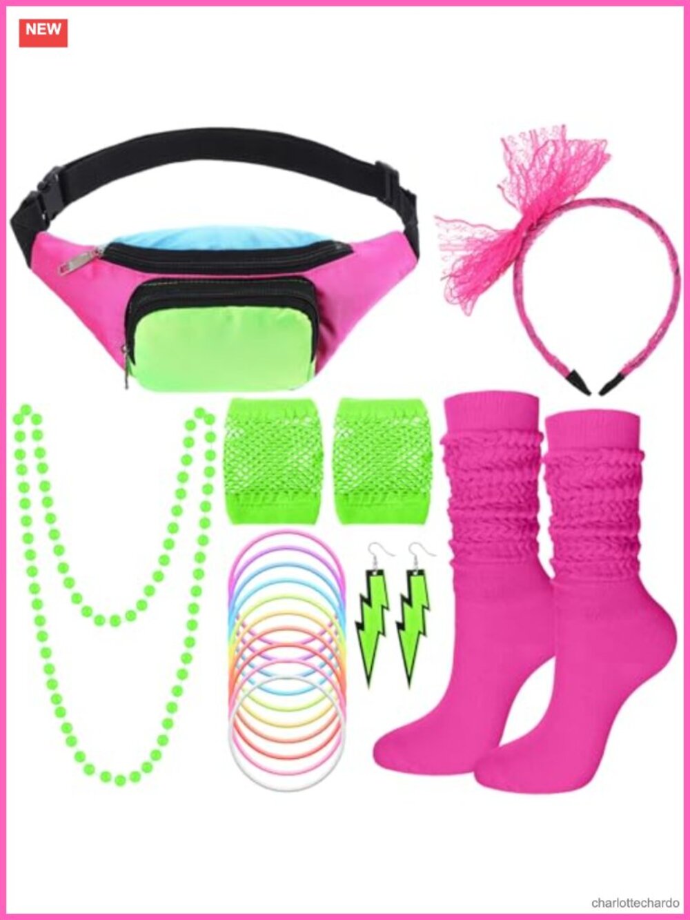 19 Pc 80s Costume Accessory Set Fishnet Gloves Fanny Pack Bracelets